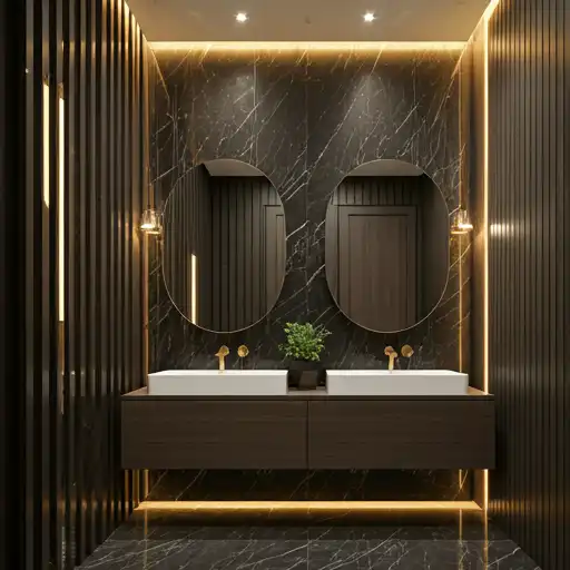 Modern high-end bathroom with dark marble, warm architectural lighting, and gold hardware